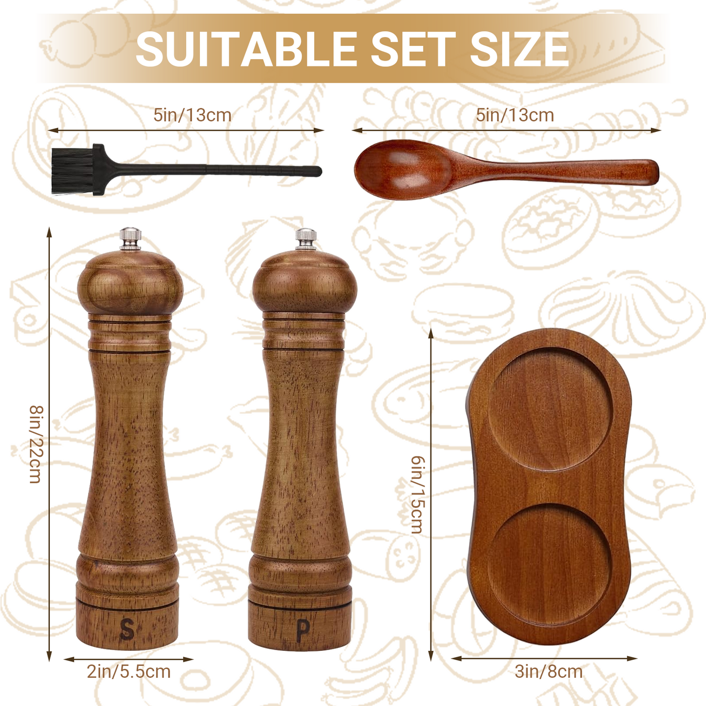 Wooden Salt and Pepper Grinder Set, Refillable Salt & Pepper Mill with Tray & Spoons, Adjustable Rubber Wood Salt & Pepper Shakers Holder with Ceramic Grinder