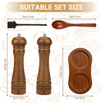 Wooden Salt and Pepper Grinder Set, Refillable Salt & Pepper Mill with Tray & Spoons, Adjustable Rubber Wood Salt & Pepper Shakers Holder with Ceramic Grinder