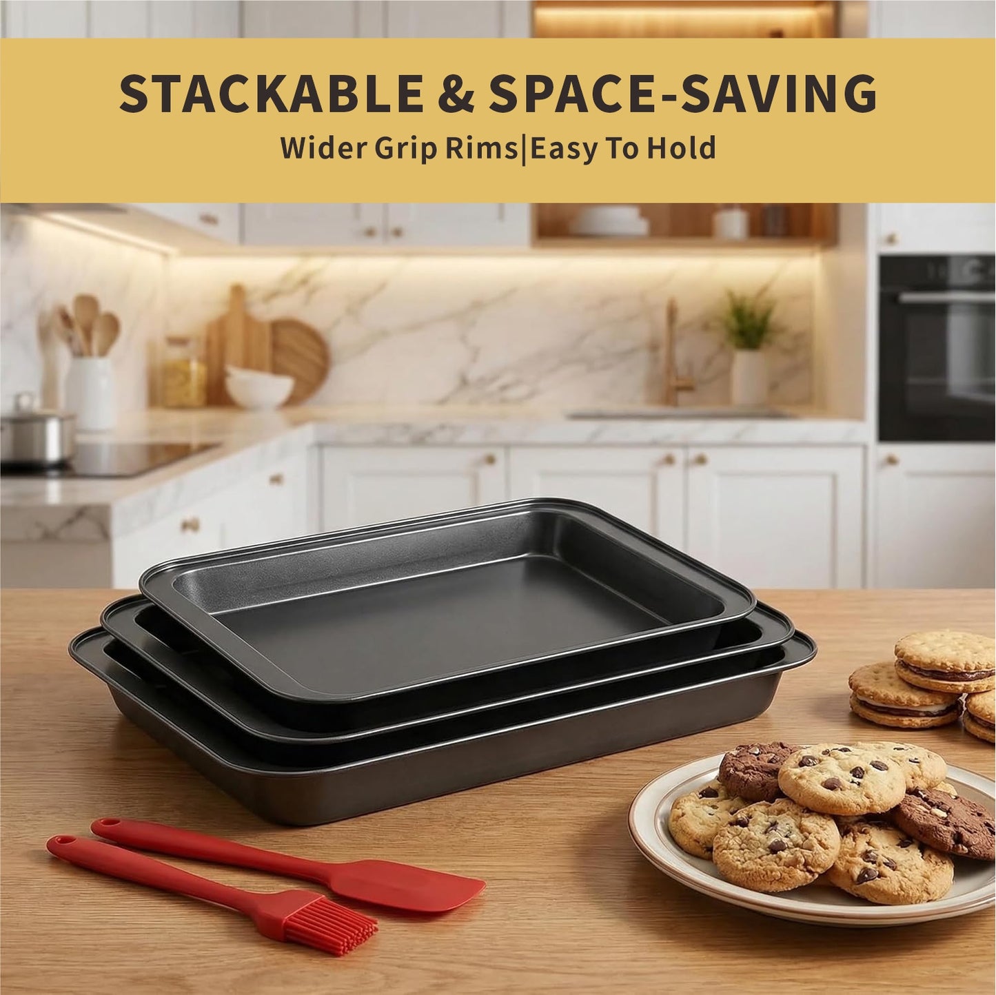 Baking Sheet Pan Set, 3-Piece Nonstick Multi-Depth Stackable Oven Bakeware, Warp & Rust Resistant Black Pans, Dishwasher Safe & Effortless Cleanup