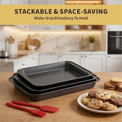 Baking Sheet Pan Set, 3-Piece Nonstick Multi-Depth Stackable Oven Bakeware, Warp & Rust Resistant Black Pans, Dishwasher Safe & Effortless Cleanup