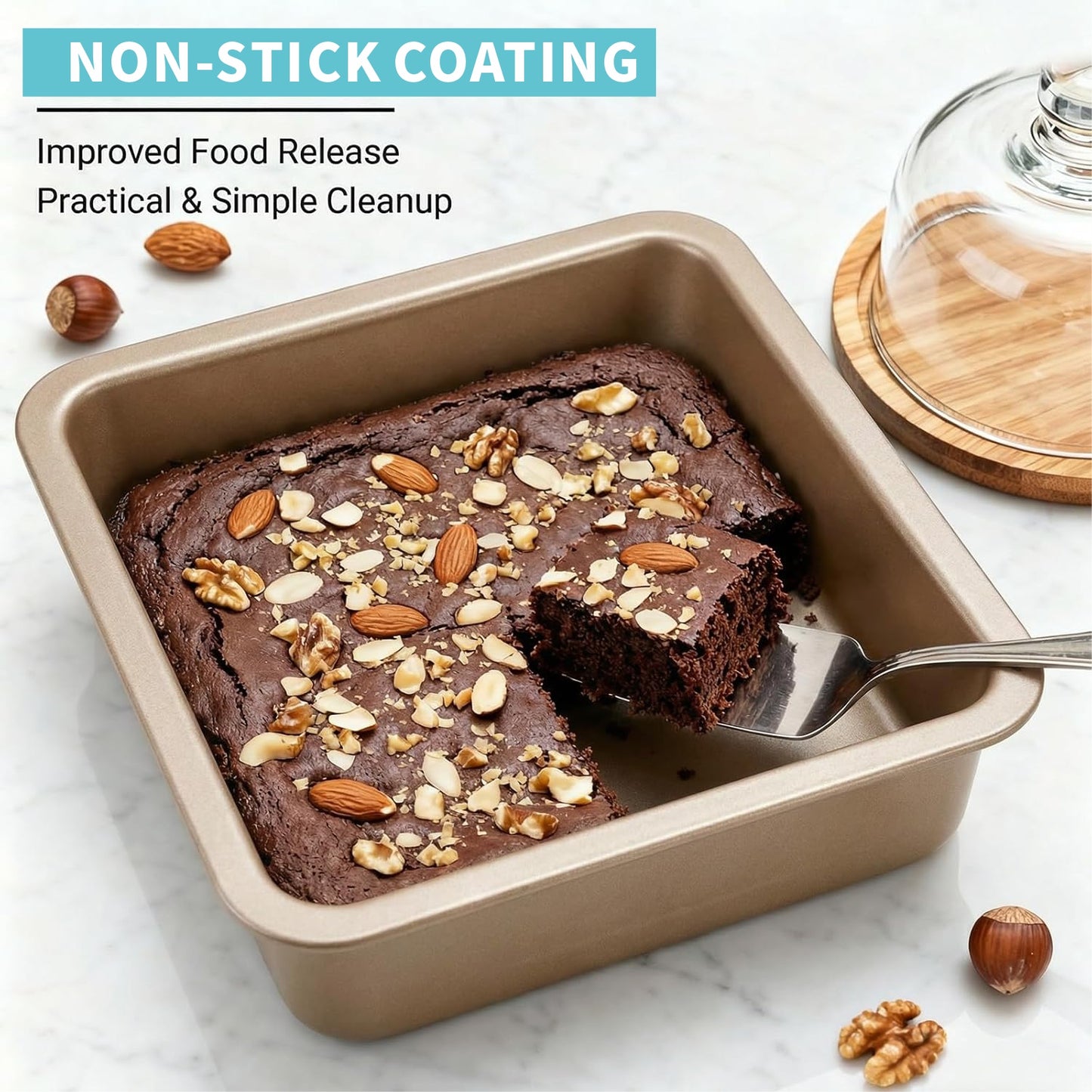 Square Cake Pan 2 Pack 8 Inch Nonstick Baking Pan for Cake, Brownie & Lasagna, Rust-Resistant, Dishwasher Safe & Easy Clean (Golden)