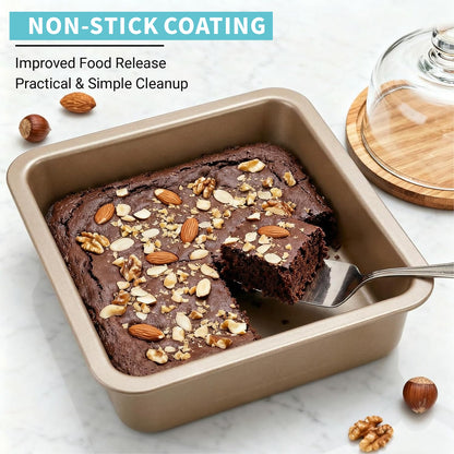 Square Cake Pan 2 Pack 8 Inch Nonstick Baking Pan for Cake, Brownie & Lasagna, Rust-Resistant, Dishwasher Safe & Easy Clean (Golden)