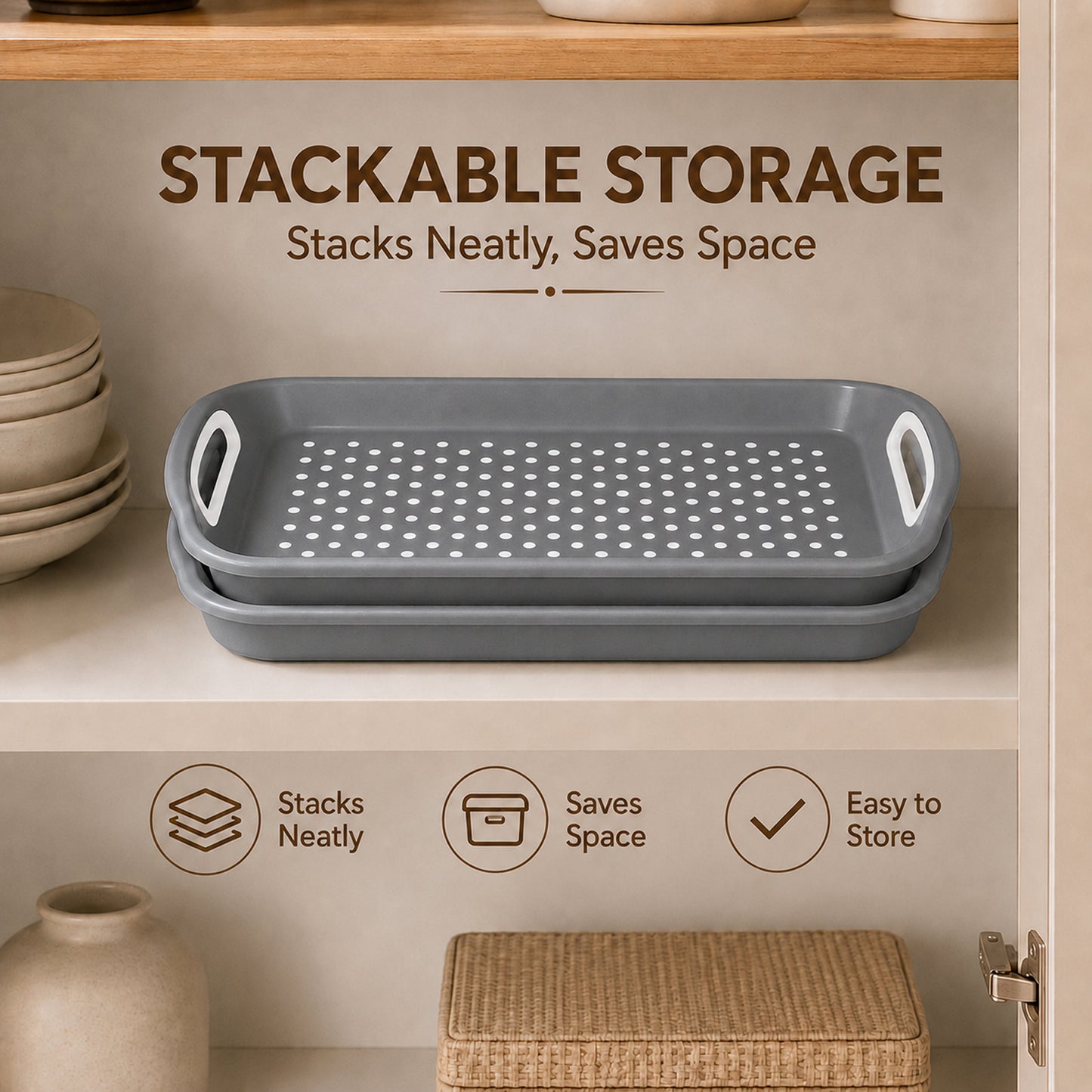 Non Slip Serving Tray with Handles, Rubber Gripped Lap Food Trays for Eating, Dishwasher Safe, Ideal for Breakfast, Snack, Fruit, Dessert, Beverage & Dinner (2 pack Grey)