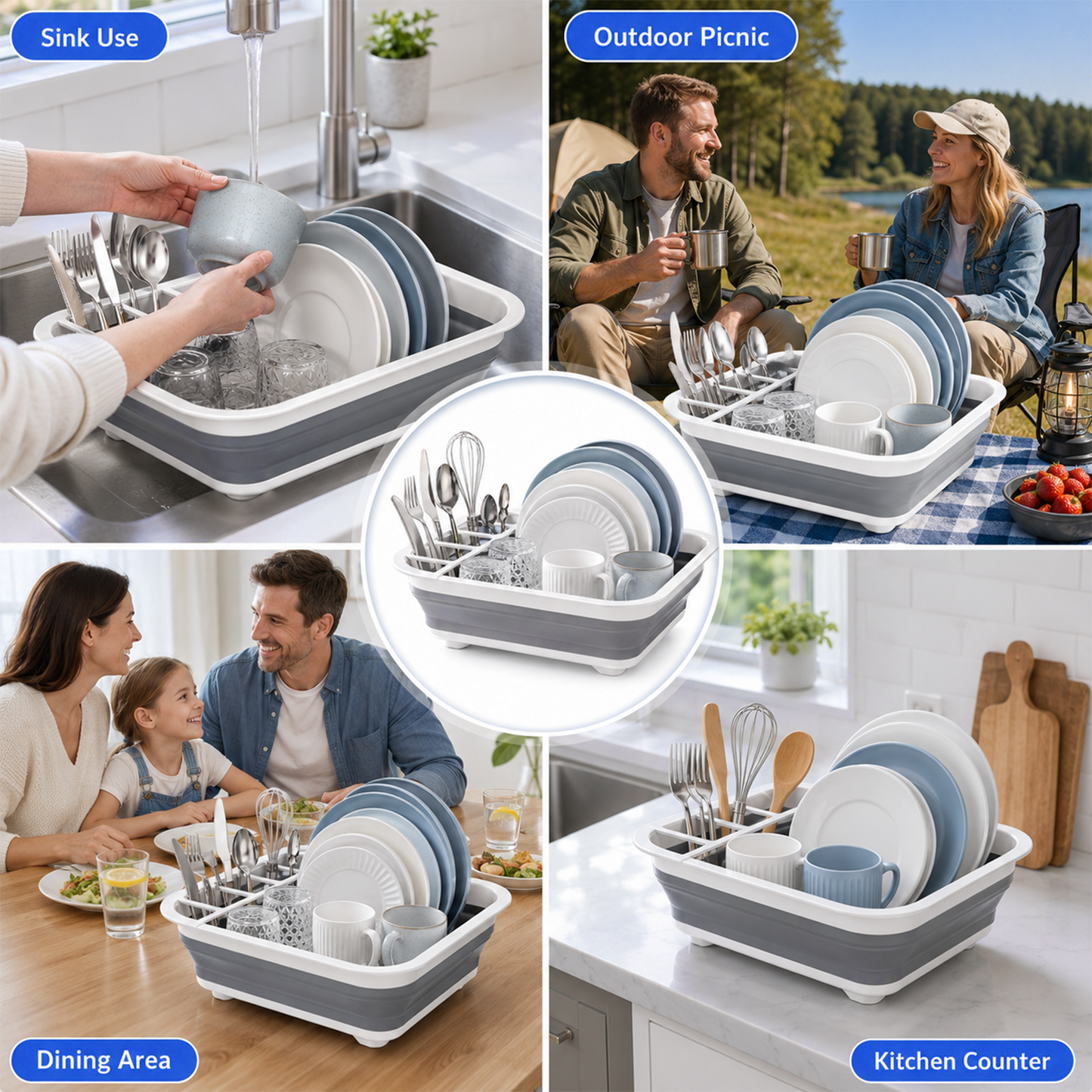 Collapsible Dish Drying Rack, Multifunctional Dish Rack with Removable Compartments, Foldable Small Dish Drainer for Kitchen Counter, RV & Camping Accessories, Escurridor de Platos para Fregadero