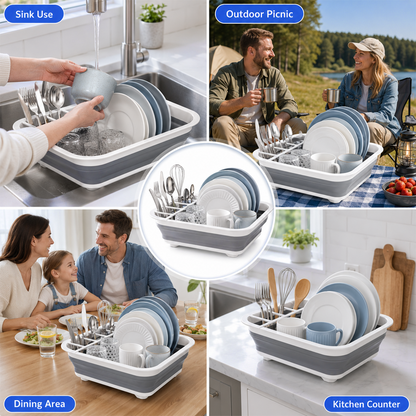Collapsible Dish Drying Rack, Multifunctional Dish Rack with Removable Compartments, Foldable Small Dish Drainer for Kitchen Counter, RV & Camping Accessories, Escurridor de Platos para Fregadero