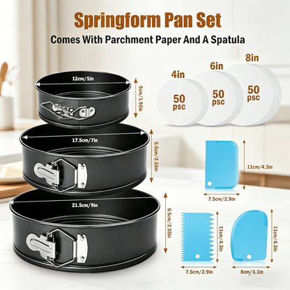 3-Piece Springform Cake Pan Set with Bonus Tools - 5"/7"/9" Round Nonstick Bakeware for Cheesecake, Layer Cakes & Quiche, Includes Parchment Liners & Spatulas