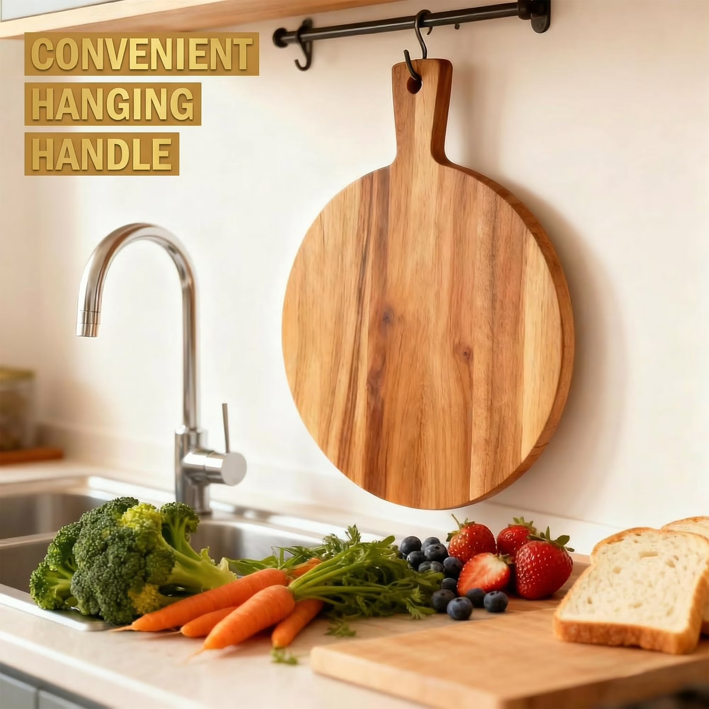Round Wood Cutting Board, 12 Inch Acacia Wood Charcuterie Board with Handle, Multi-Functional Kitchen Serving Tray for Meat & Bread