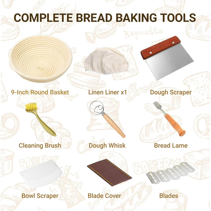 9 Inch Round Sourdough Proofing Basket, 7-Piece Baking Kit with Linen Liner & Tools, Bread Baking Supplies Gift Set