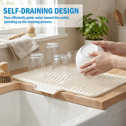 Silicone Dish Drying Mat for Kitchen Counter or Sink, Non-Slip Dish Drainer Mat with Built-in Drain, Heat Resistant Drying Pad, Off White