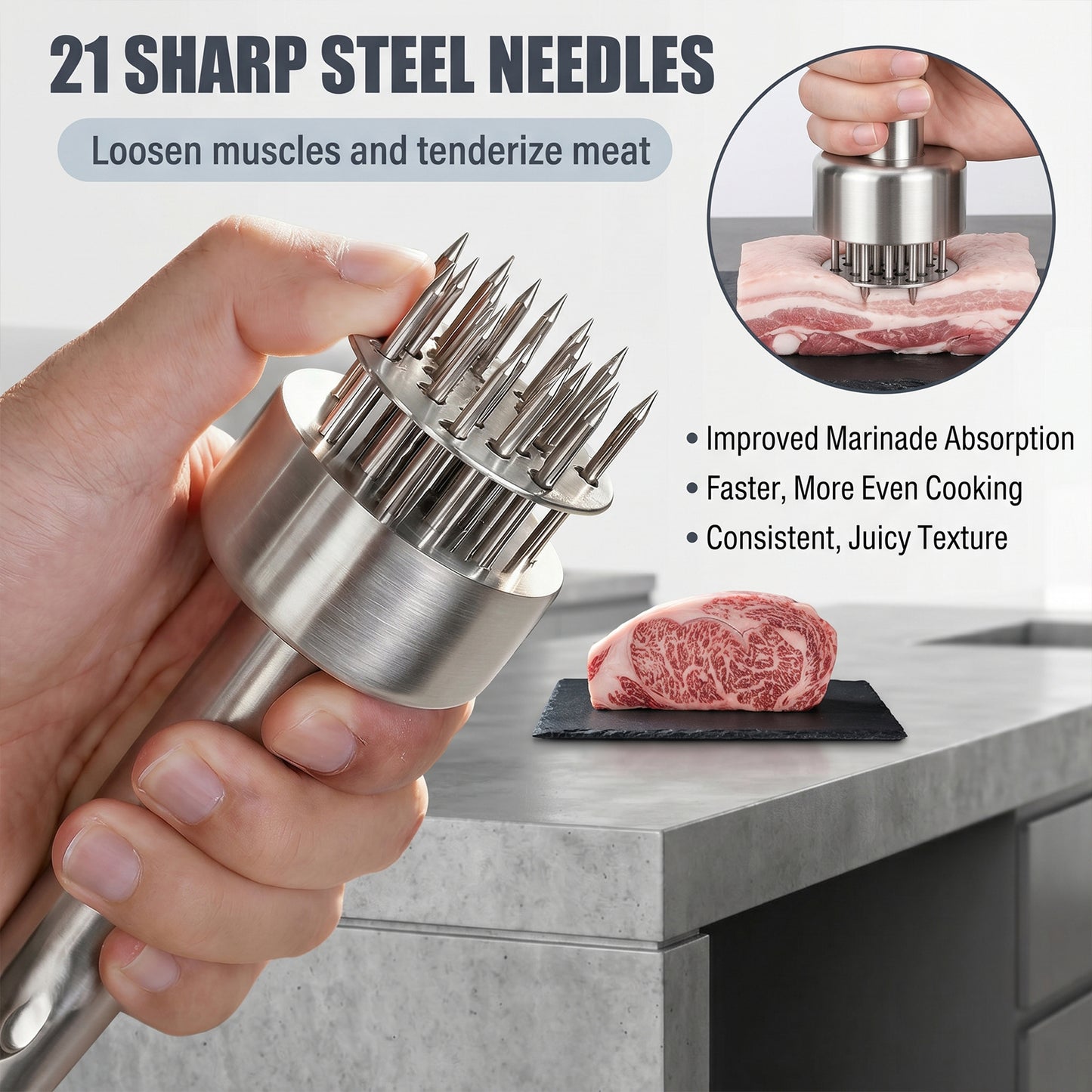 21-Needle Meat Tenderizer Tool - 304 Stainless Steel Manual Meat Prep for Beef, Pork & Chicken, Spring-Loaded Kitchen Tenderizer with Cleaning Brush