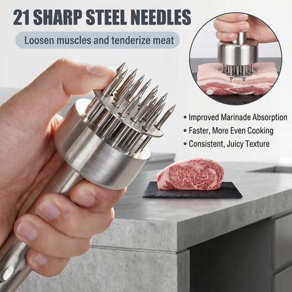 21-Needle Meat Tenderizer Tool - 304 Stainless Steel Manual Meat Prep for Beef, Pork & Chicken, Spring-Loaded Kitchen Tenderizer with Cleaning Brush