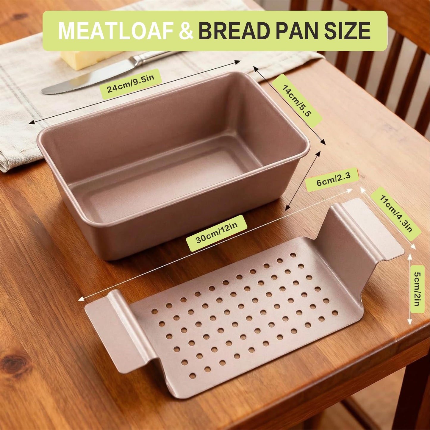 Meatloaf Pan with Drain Tray, Nonstick 9x5 Loaf Pan with Convenient Lift Serve Function, Ideal for Meatloaf & Bread Baking (Rose Gold)