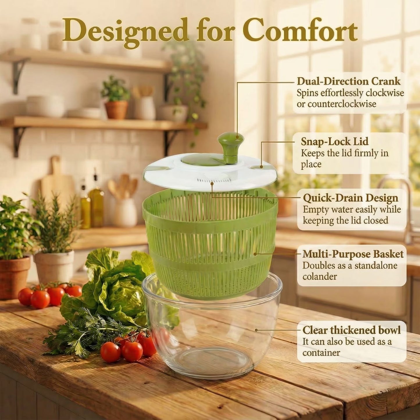 5-Quart Family Salad Spinner with Removable Colander - Multi-Use Vegetable Washer & Dryer, Dishwasher-Safe Lettuce Crisper with Pour Spout