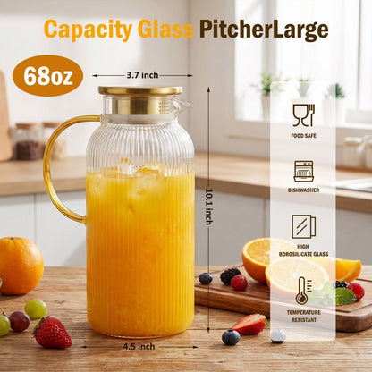 2 Pack Glass Water Pitcher with Lid, 68 oz (2 Liter) Borosilicate Glass Pitcher with Spout, Large Glass Iced Tea Pitcher with Lid, Beverage Carafe for Water, Juice, Cold Brew