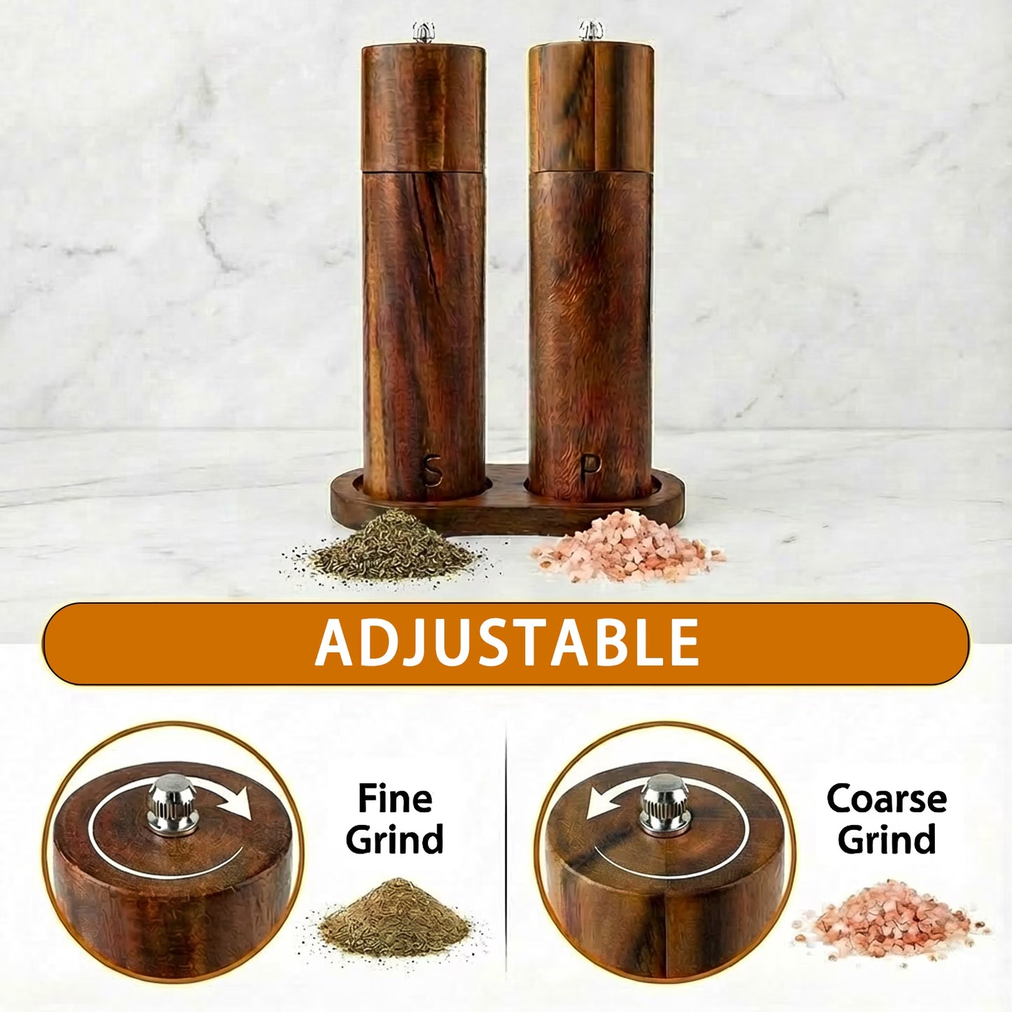 Wooden Salt and Pepper Grinder Set, Refillable Salt & Pepper Mill with Tray & Spoons, Adjustable Rubber Wood Salt & Pepper Shakers Holder with Ceramic Grinder