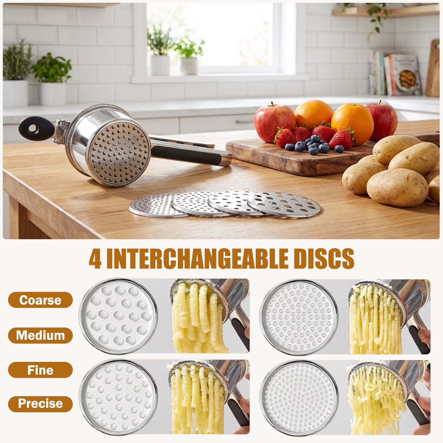 LYLHZRMDGC 15oz Stainless Steel Potato Ricer – Heavy Duty with 4 Interchangeable Discs, Ergonomic Handle