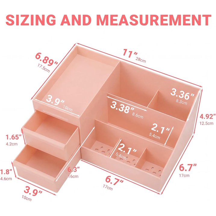 Pink Makeup Organizer with Drawers, Large Capacity Cosmetic Storage for Vanity or Bathroom Countertop, Multi-Compartment Organizer for Skincare, Lipstick & Palettes, 1 Pack