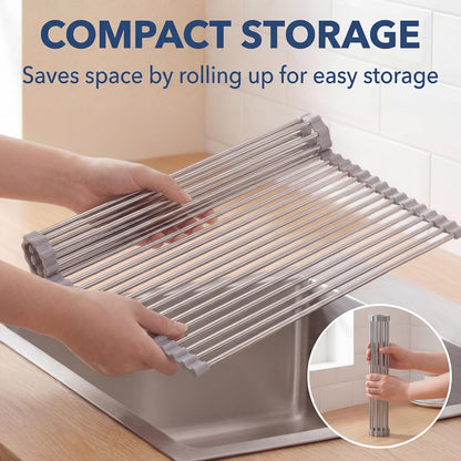 1 Pack 18.5" x 15.7" Roll-Up Dish Drying Rack, Over-Sink Foldable Kitchen Sink Rack, Anti-Slip Multipurpose Stainless Steel Drying Rack for Plates, Pots & Utensils, Gray