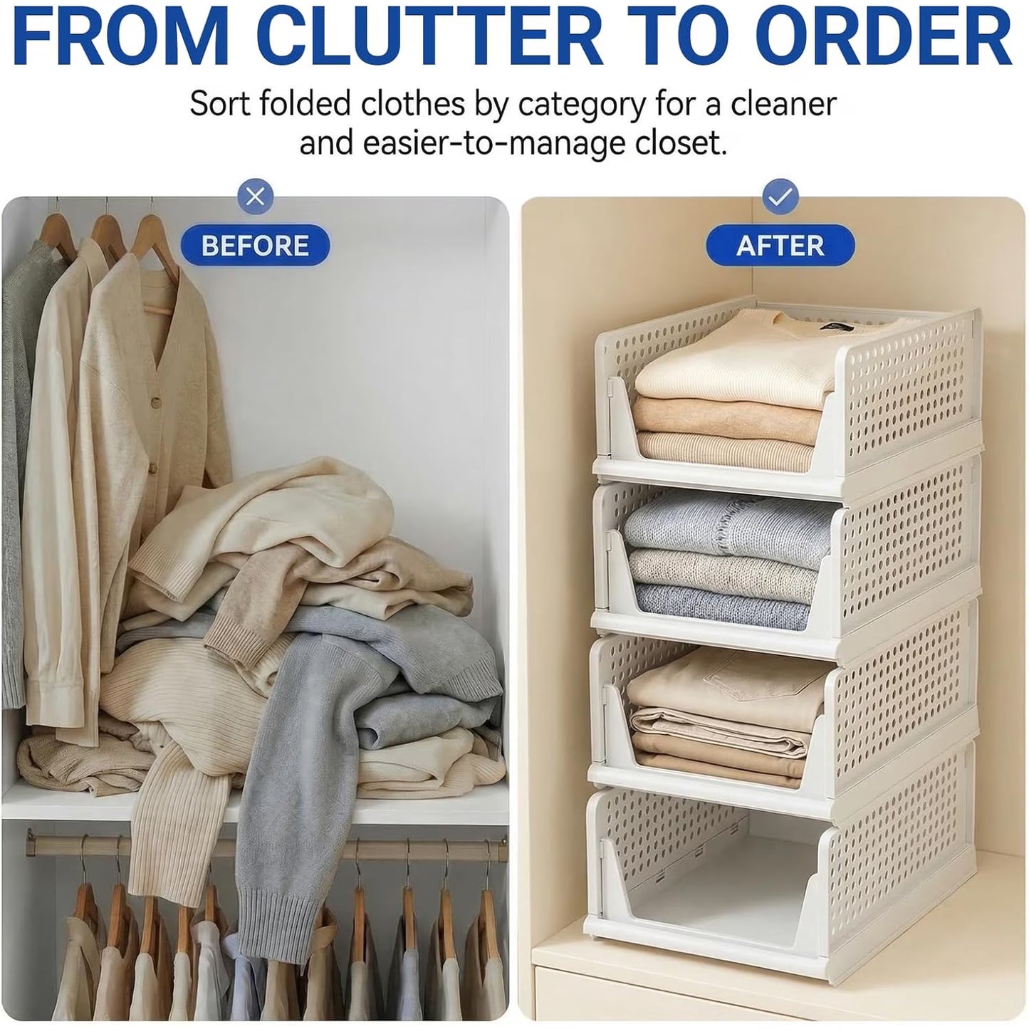 5 Packs Stackable Closet Organizer Bins, Foldable Plastic Storage Baskets, Waterproof Storage Containers for Drawer, Wardrobe, Bathroom, Living Room & Office, Space Saving Design