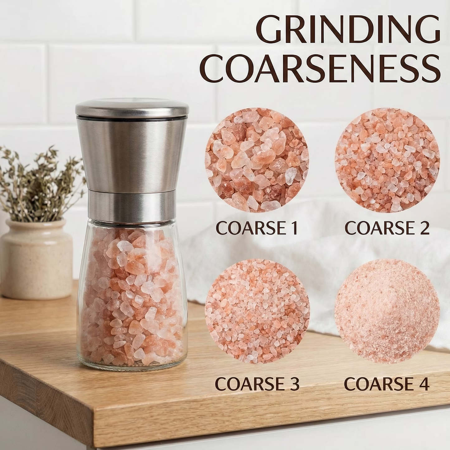 Salt and Pepper Mill Set 2PCS, Stainless Steel Top, Ceramic Grinder, Clear Glass, Easy Refill with Funnel