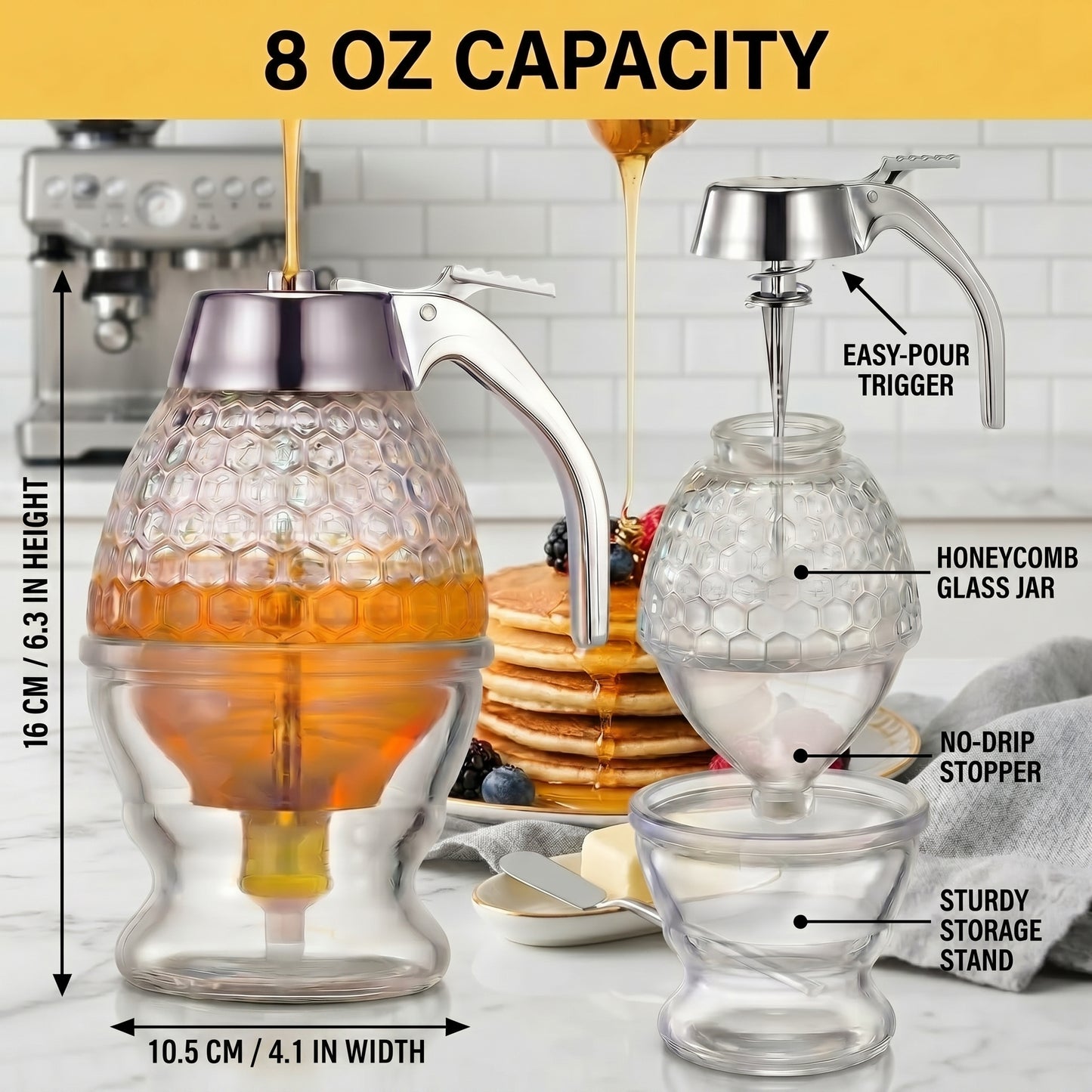Honey Dispenser No Drip Glass, Glass Honey Dispenser No Drip with Stand, Syrup Dispenser Jar for Kitchen, Honey Syrup Pourer for Tea Coffee Breakfast, 8oz, 1 Pack