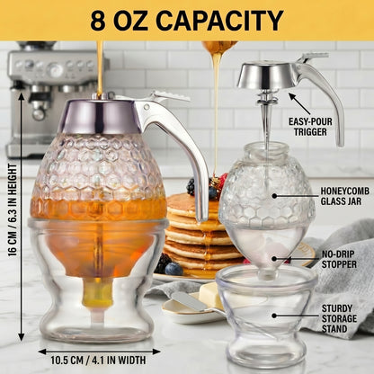 Honey Dispenser No Drip Glass, Glass Honey Dispenser No Drip with Stand, Syrup Dispenser Jar for Kitchen, Honey Syrup Pourer for Tea Coffee Breakfast, 8oz, 1 Pack