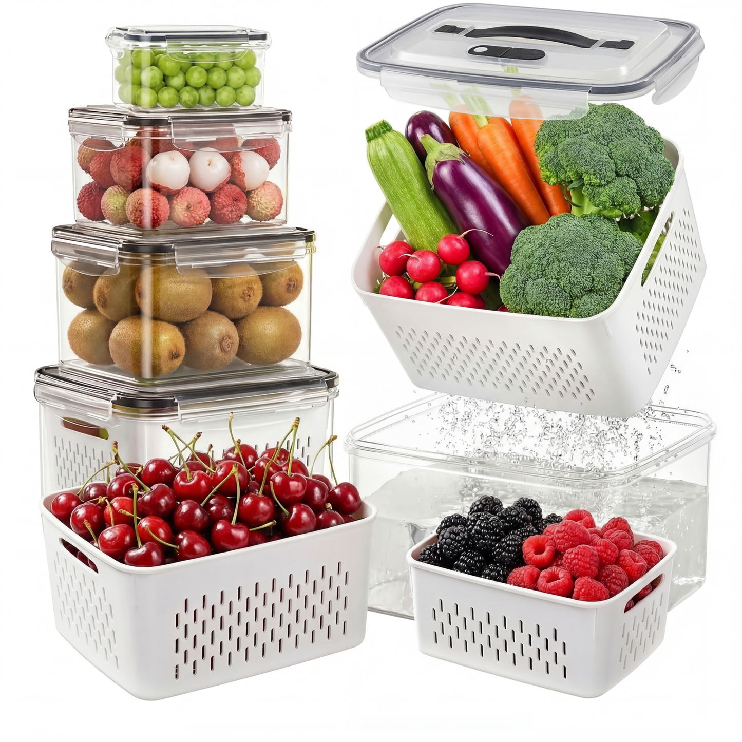 5 PCS Fruit Storage Containers for Fridge with Handle, Leakproof Produce Containers for Fridge with Removable Colander, All-In-One Fruit Containers Stainers Berry, Fruits, Vegetables, Salad, Lettuce Keeper