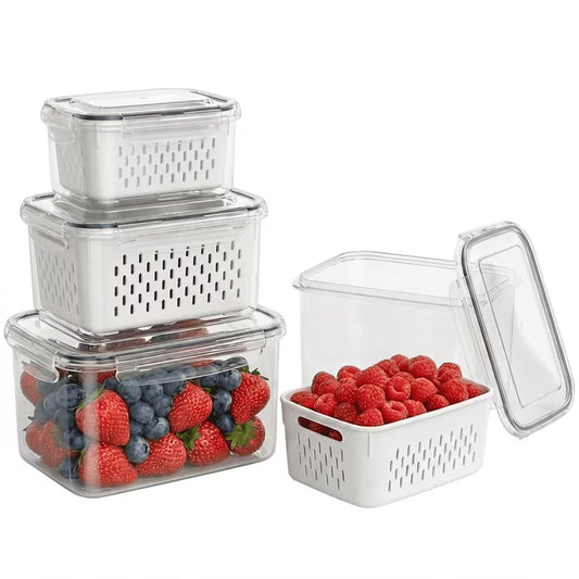 5 Pack Fruit Storage Containers for Fridge with Removable Colander, Leakproof Produce Keeper for Berries, Vegetables & Salad, All-in-One Wash & Store Food Containers, BPA Free