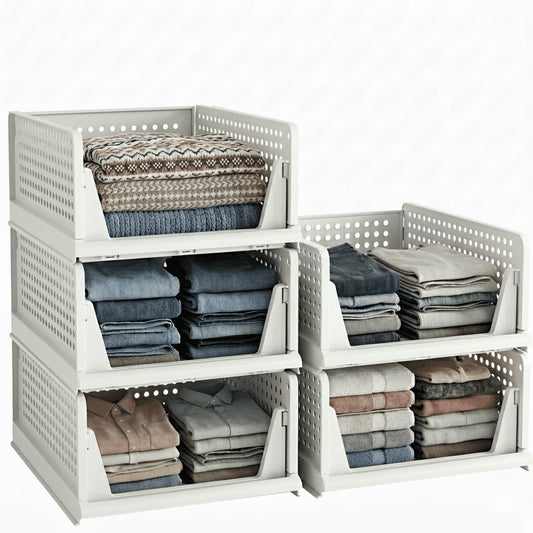 5 Packs Stackable Closet Organizer Bins, Foldable Plastic Storage Baskets, Waterproof Storage Containers for Drawer, Wardrobe, Bathroom, Living Room & Office, Space Saving Design