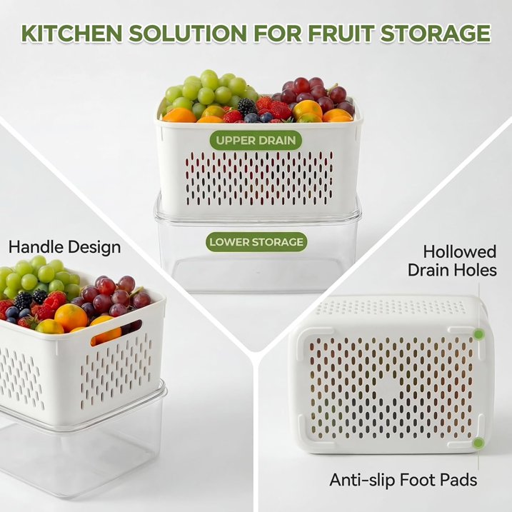 6 Pack Fruit Storage Containers for Fridge with Removable Colander, Leakproof Produce Keeper for Berries, Vegetables & Salad, All-in-One Wash & Store Food Containers, BPA Free