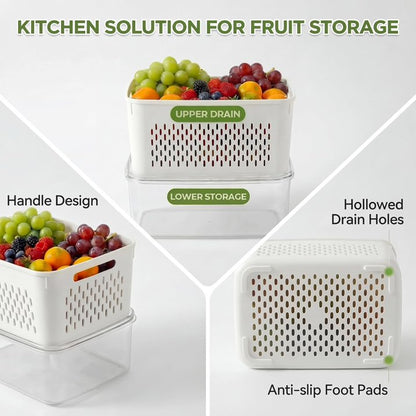 6 Pack Fruit Storage Containers for Fridge with Removable Colander, Leakproof Produce Keeper for Berries, Vegetables & Salad, All-in-One Wash & Store Food Containers, BPA Free