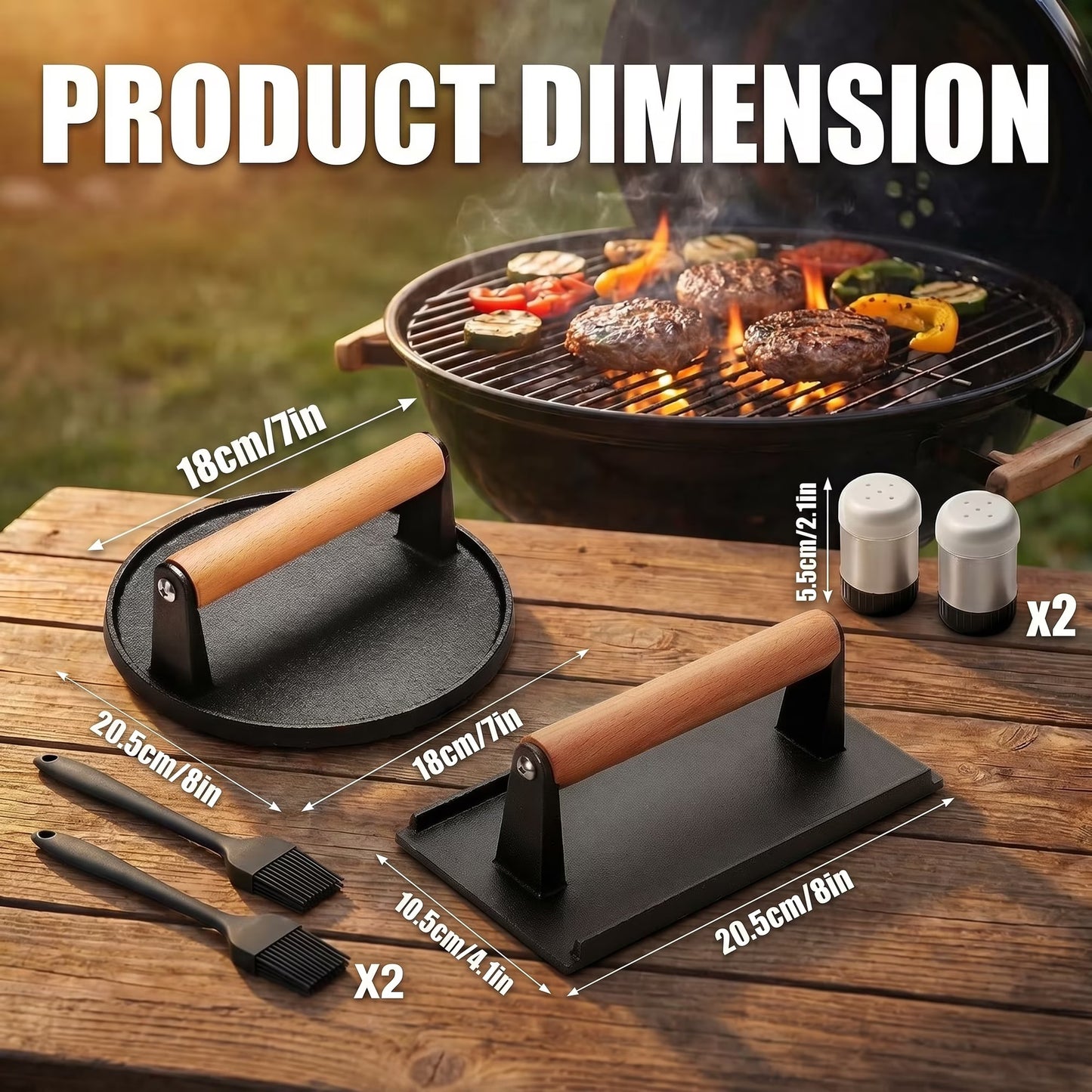 Cast Iron Smash Bacon Press Meat Steak with Wood Handle, Heavy Duty Round & Rectangular, Grill Press for Sandwich, Paninis, Burger Press, Send Goods from Local Warehouse