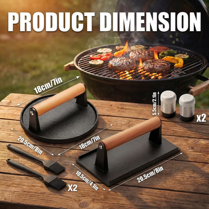 Cast Iron Smash Bacon Press Meat Steak with Wood Handle, Heavy Duty Round & Rectangular, Grill Press for Sandwich, Paninis, Burger Press, Send Goods from Local Warehouse