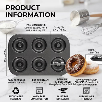 Donut Pan for Baking, Nonstick 6-Cavity Donut Mold Set for Oven, Carbon Steel Doughnut Baking Pans for Home Bakers & Kitchen Use (2 Pack)