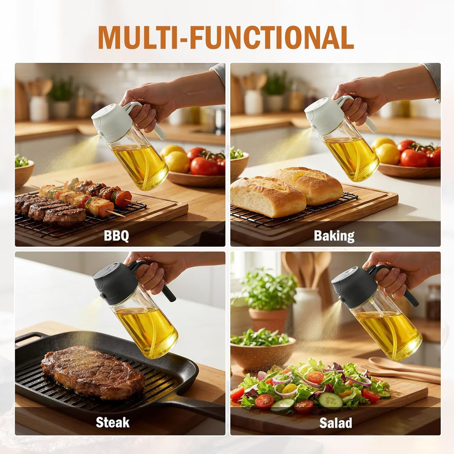 2 Pack Oil Sprayer for Cooking, Refillable Glass Olive Oil & Vinegar Mister with Brush, Portable Kitchen Gadget for Air Fryer, BBQ & Salad, 470ml, Black & White