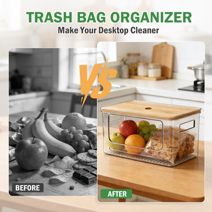 Trash Bag Dispenser, Bamboo Top Stackable Design, Extra Large Garbage Bag Holder & Storage Solution for Kitchen, Pantry and Laundry Room
