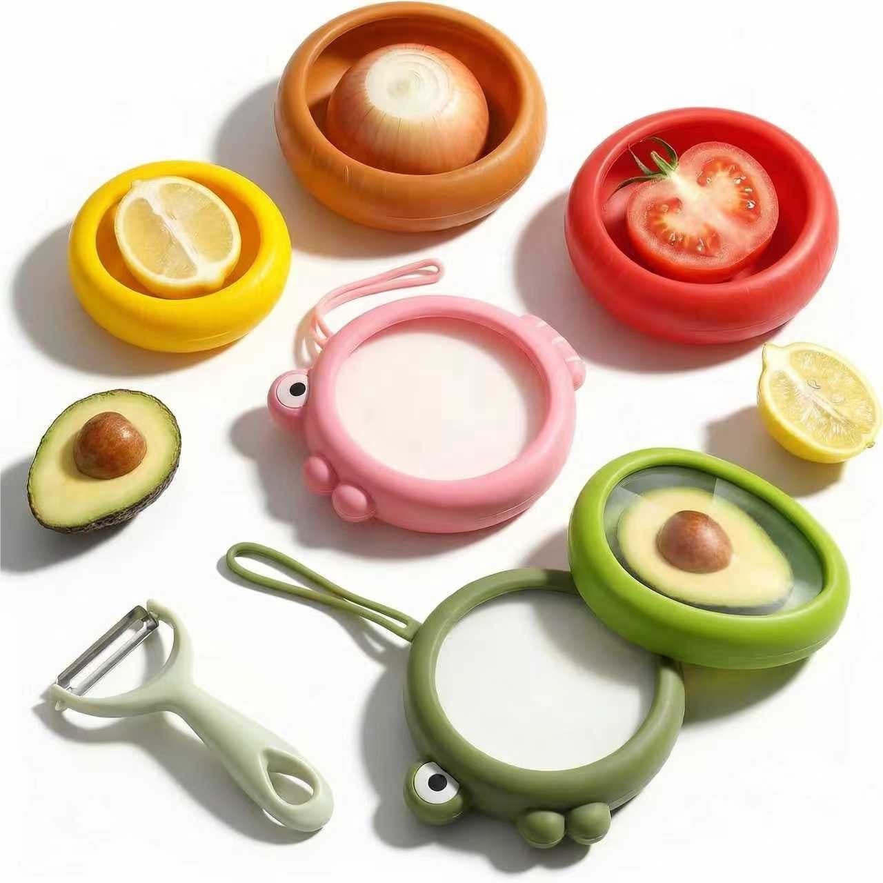 Set of 6 Fresh Food Storage Containers with 1 Fruit Peeler, Reusable Silicone Fresh Pods with Airtight Seal for Avocado, Onion, Tomato and Garlic Fridge Storage