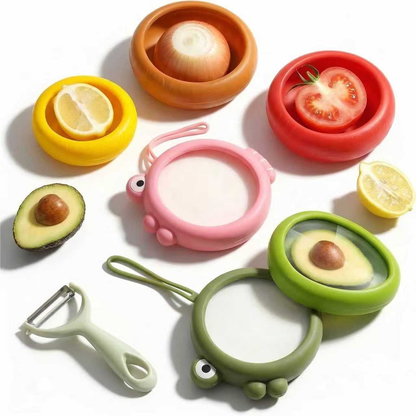 Set of 6 Fresh Food Storage Containers with 1 Fruit Peeler, Reusable Silicone Fresh Pods with Airtight Seal for Avocado, Onion, Tomato and Garlic Fridge Storage