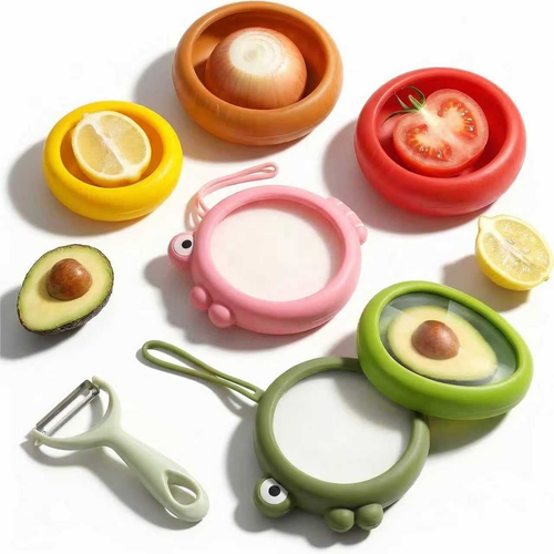 Set of 6 Fresh Food Storage Containers with 1 Fruit Peeler, Reusable Silicone Fresh Pods with Airtight Seal for Avocado, Onion, Tomato and Garlic Fridge Storage