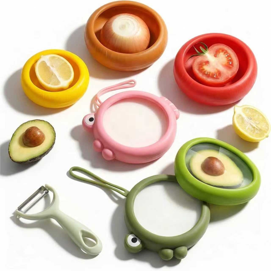 Set of 6 Fresh Food Storage Containers with 1 Fruit Peeler, Reusable Silicone Fresh Pods with Airtight Seal for Avocado, Onion, Tomato and Garlic Fridge Storage