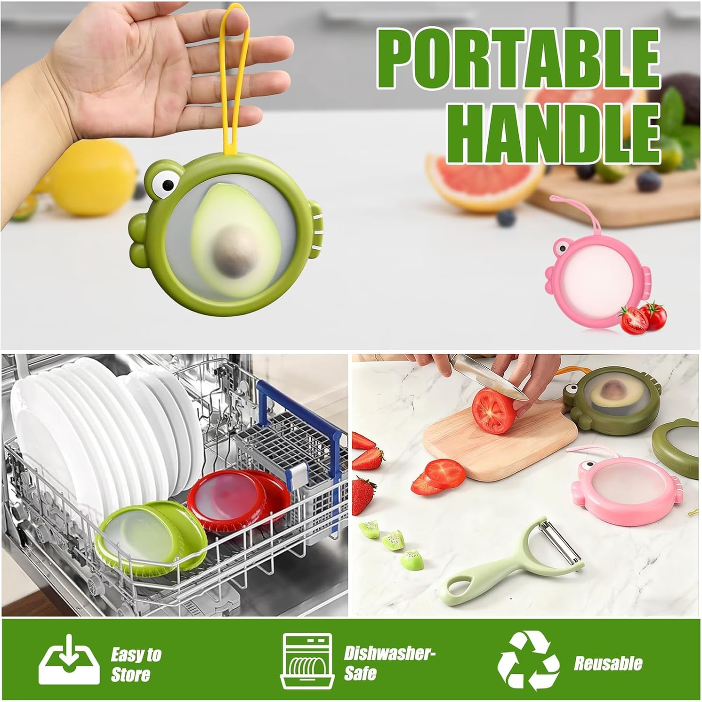 Set of 6 Fresh Food Storage Containers with 1 Fruit Peeler, Reusable Silicone Fresh Pods with Airtight Seal for Avocado, Onion, Tomato and Garlic Fridge Storage