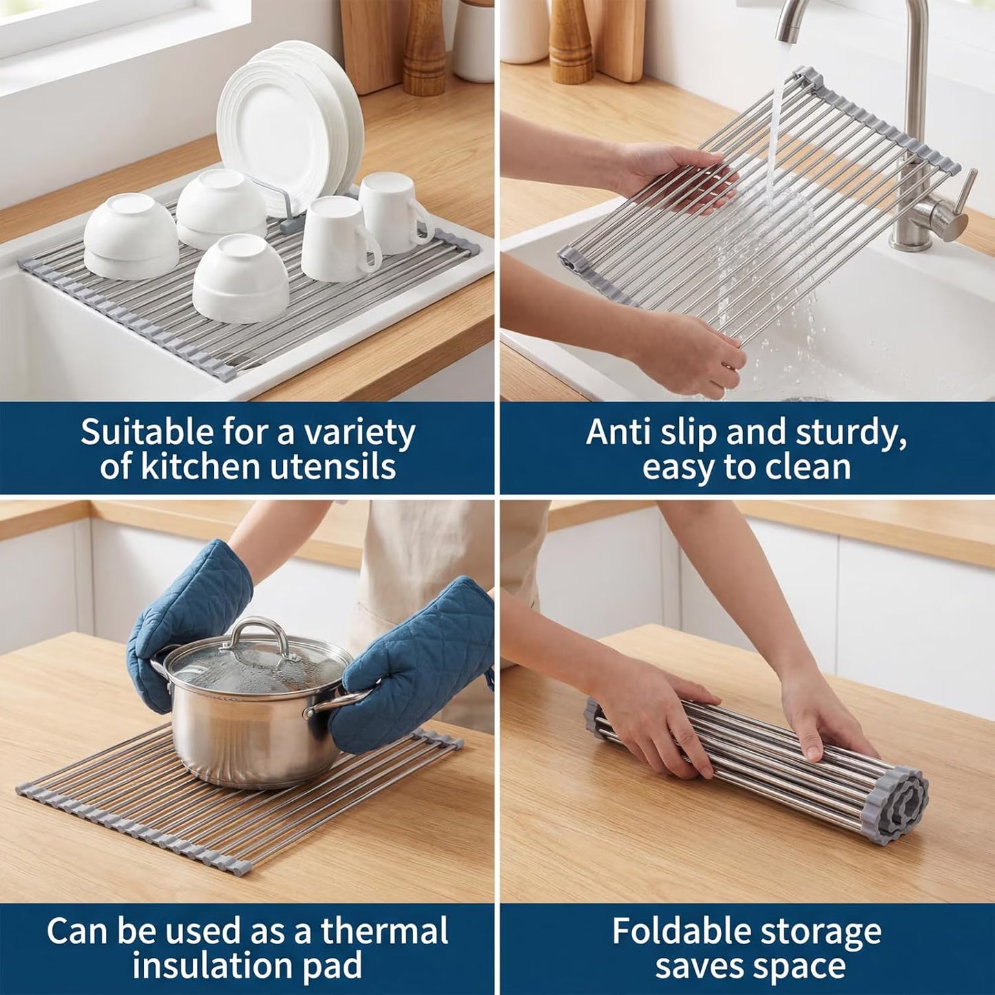 1 Pack 18.5" x 15.7" Roll-Up Dish Drying Rack, Over-Sink Foldable Kitchen Sink Rack, Anti-Slip Multipurpose Stainless Steel Drying Rack for Plates, Pots & Utensils, Gray