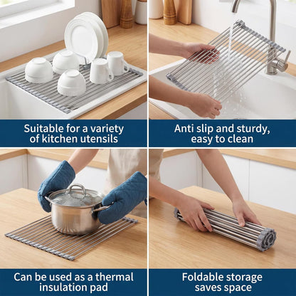 1 Pack 18.5" x 15.7" Roll-Up Dish Drying Rack, Over-Sink Foldable Kitchen Sink Rack, Anti-Slip Multipurpose Stainless Steel Drying Rack for Plates, Pots & Utensils, Gray