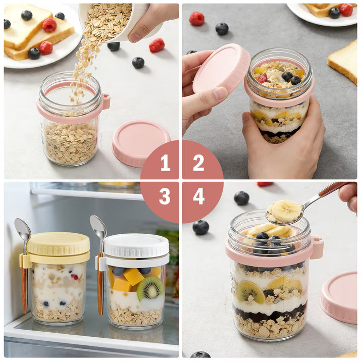 4 Pack 12oz Overnight Oats Containers with Lids and Spoons, Glass Oatmeal Containers, Mason Jars with Airtight Lids, Meal Prep Food Storage Container for Yogurt, Oatmeal