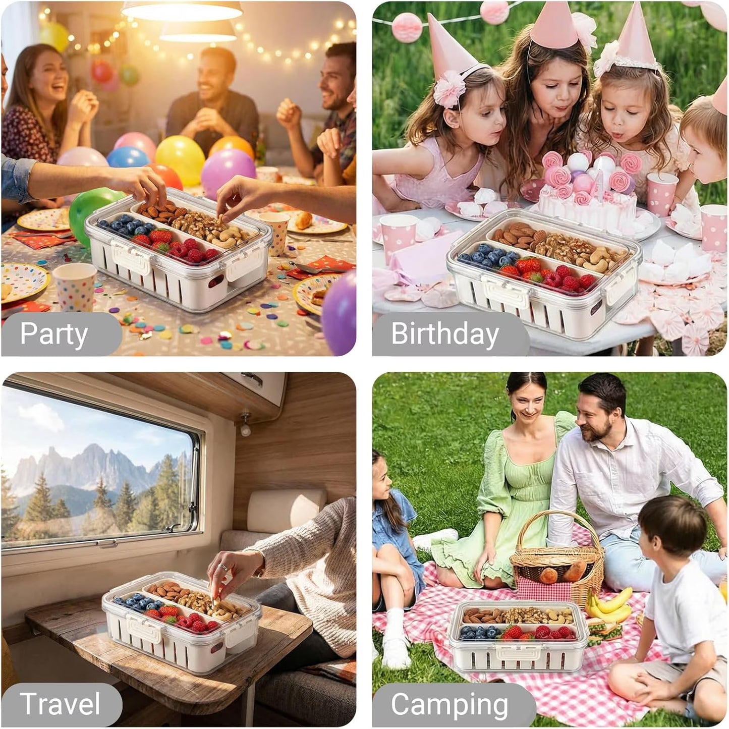 1 Pack Snackle Box Container, Portable 2-Compartment Divided Snack Tray with Lid, Reusable Stackable Snack Organizer for Travel, Candy, Party & Picnic, Large Size, White