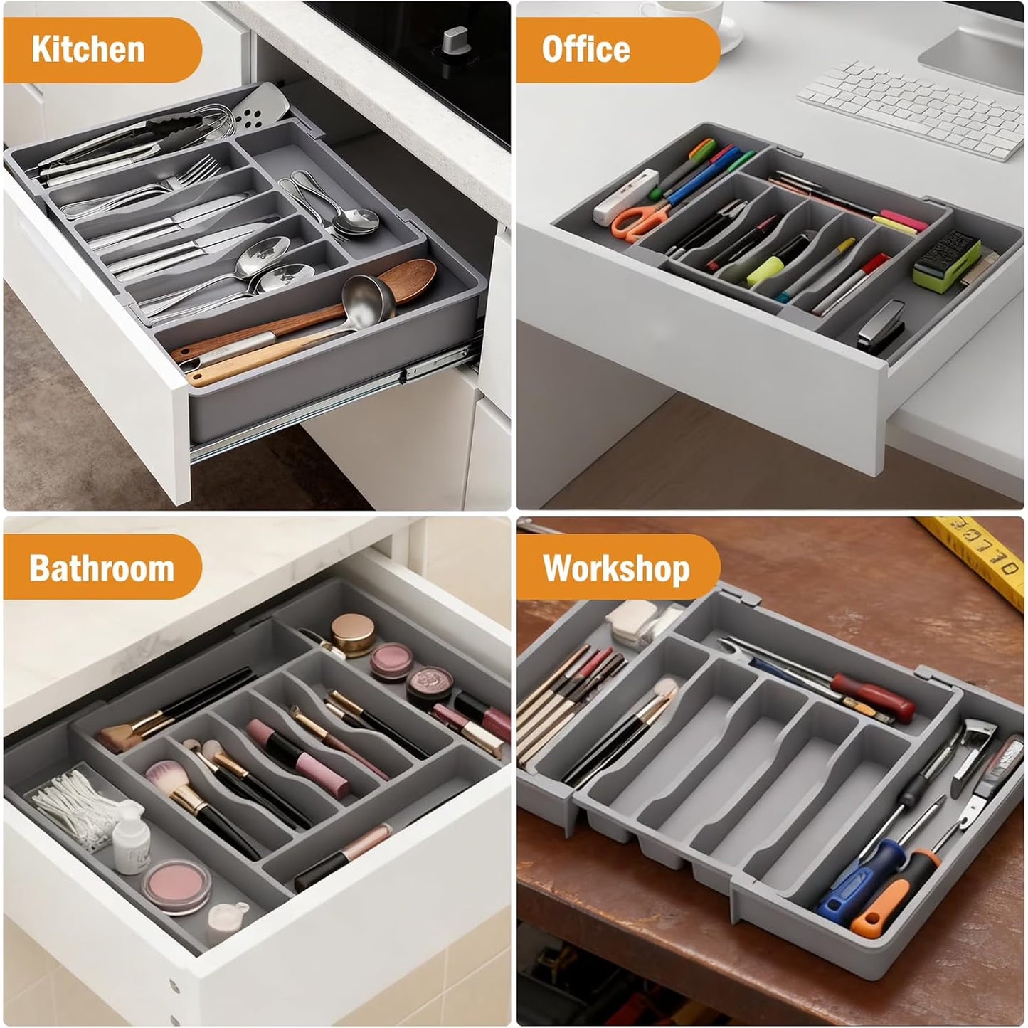 Expandable Silverware Organizer for Drawer, Adjustable Utensil Tray with 2 Removable Blocks, 6-8 Slot Cutlery Organizer for Spoons, Forks & Knives, Large Capacity, Gray