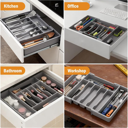 Expandable Silverware Organizer for Drawer, Adjustable Utensil Tray with 2 Removable Blocks, 6-8 Slot Cutlery Organizer for Spoons, Forks & Knives, Large Capacity, Gray