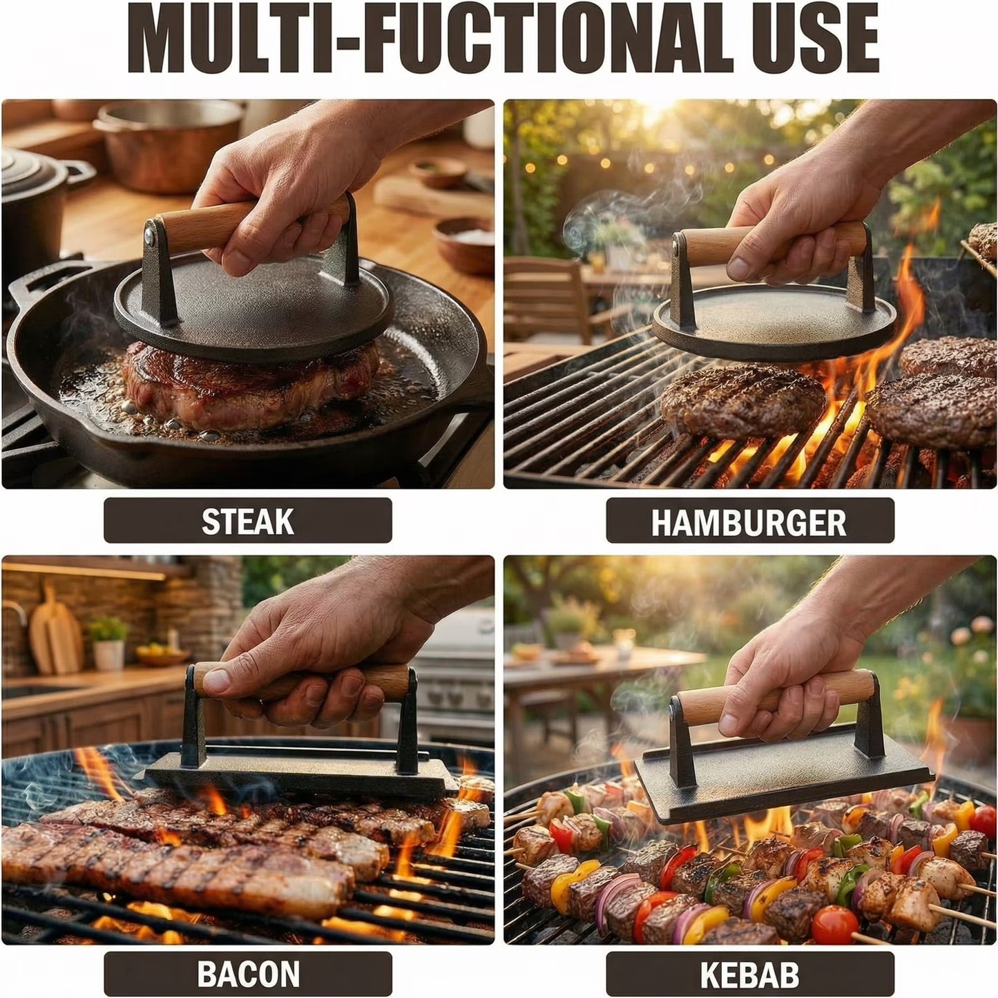 Cast Iron Smash Bacon Press Meat Steak with Wood Handle, Heavy Duty Round & Rectangular, Grill Press for Sandwich, Paninis, Burger Press, Send Goods from Local Warehouse