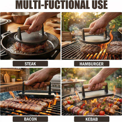 Cast Iron Smash Bacon Press Meat Steak with Wood Handle, Heavy Duty Round & Rectangular, Grill Press for Sandwich, Paninis, Burger Press, Send Goods from Local Warehouse