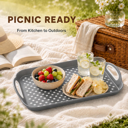 Non Slip Serving Tray with Handles, Rubber Gripped Lap Food Trays for Eating, Dishwasher Safe, Ideal for Breakfast, Snack, Fruit, Dessert, Beverage & Dinner (1 pack Grey)